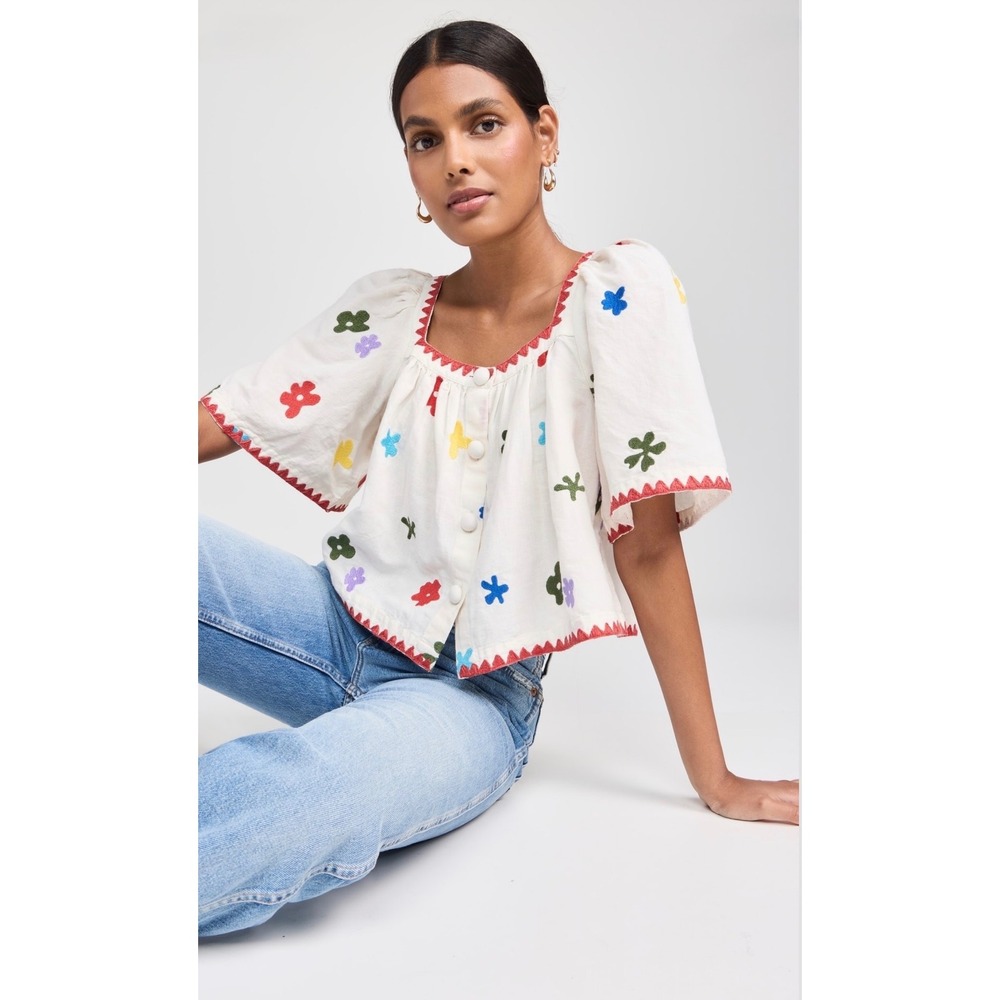 Caroline Constas Embroidered Floral Button Front Crop Blouse White Small NWT